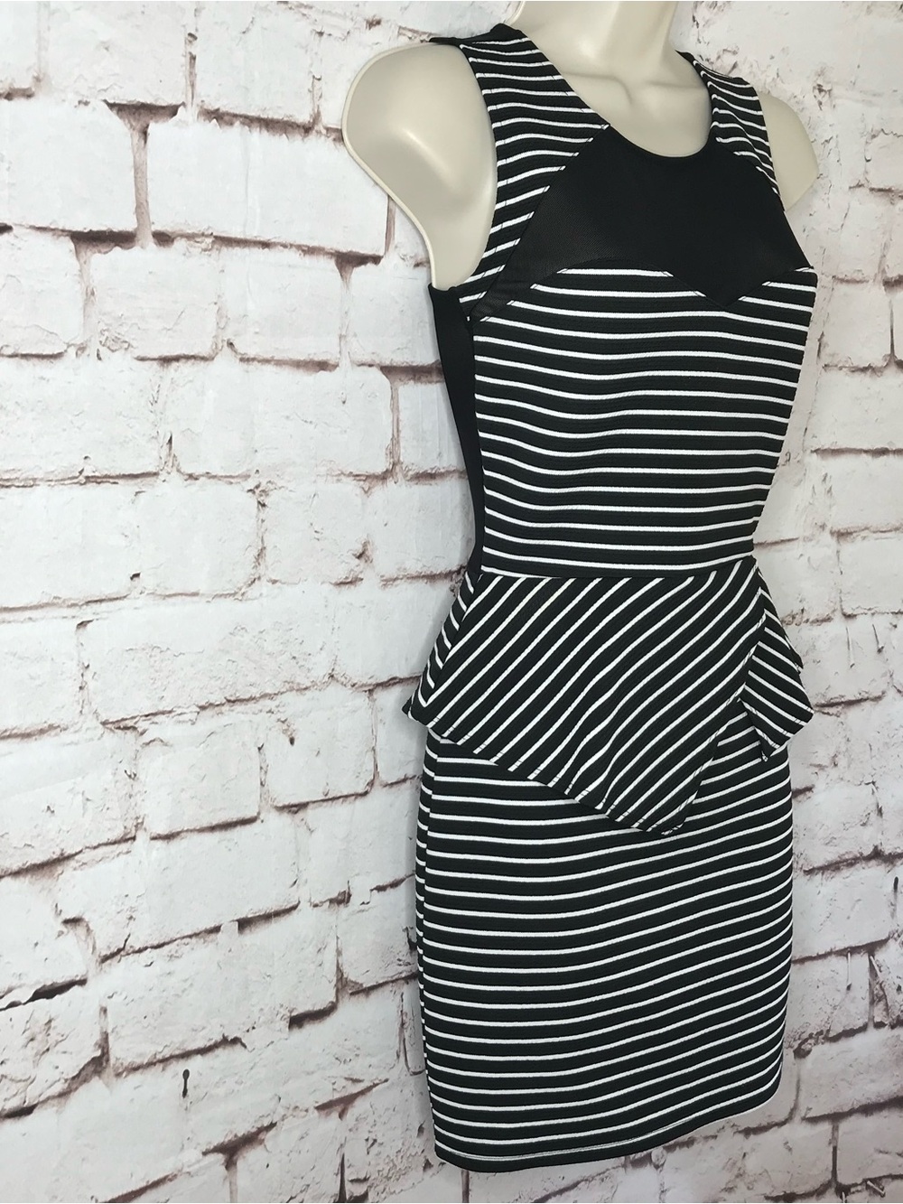 MATERIAL GIRL S Peplum Mesh Back Sleeveless Black & White Stripe Dress Small NWT - Picture 15 of 16